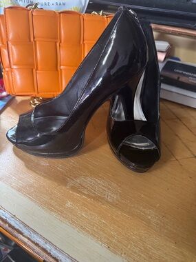 Rampage Black Patent Peep-Toe Platform Pumps
